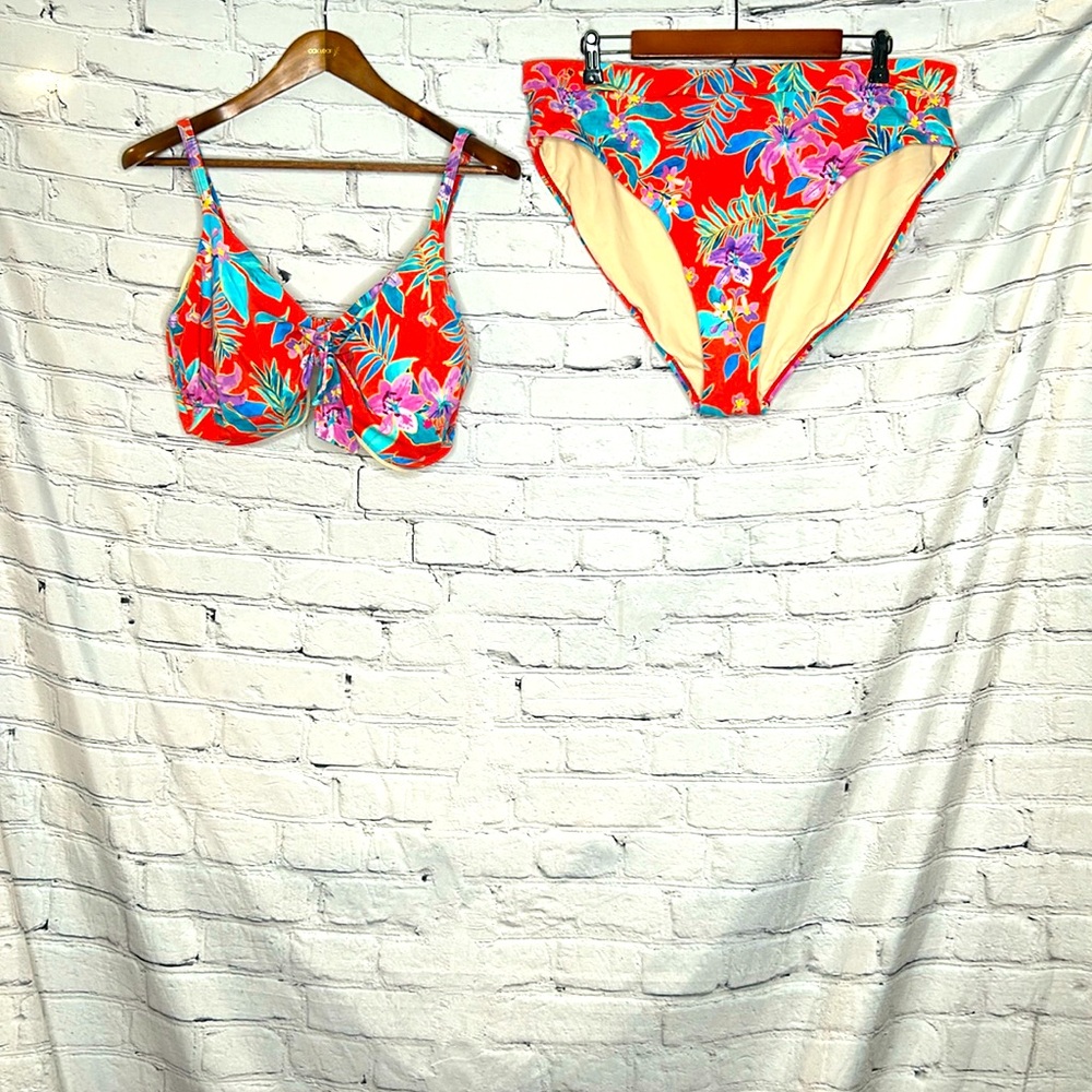 Swimsuits For All Orange Blue Floral Bikini Swimsuit Set Size 22
